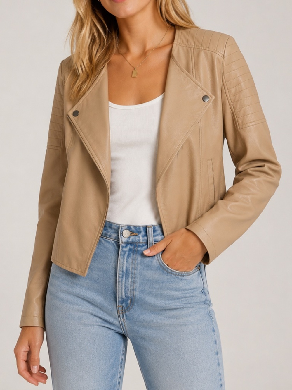 JACK by BB Dakota Faux Leather Moto Jacket Beige Tan Open Front NWT Large